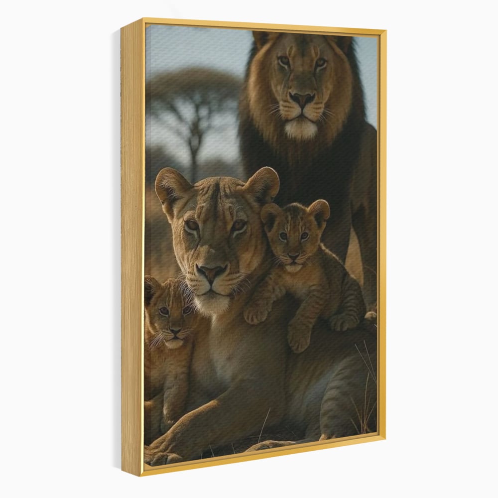 Tablou canvas cu tablou canvas cu familie de lei in savana, in rama de aluminiu auriu